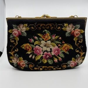 Vintage Floral Needlepoint purse Black with Pink & Yellow Roses